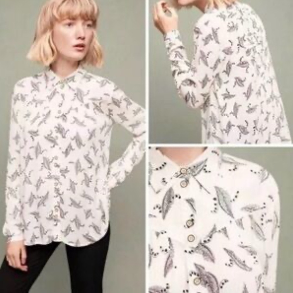 ANTHROPOLOGIE Maeve Lily of the Valley Blouse Size 2 Button Front Feather Print